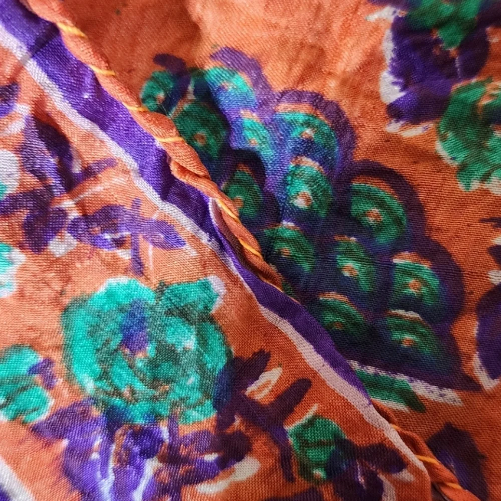 VINTAGE 60S SILK NECK SCARF MOD FLORAL GEOMETRIC ORANGE GREEN SQUARE MINI